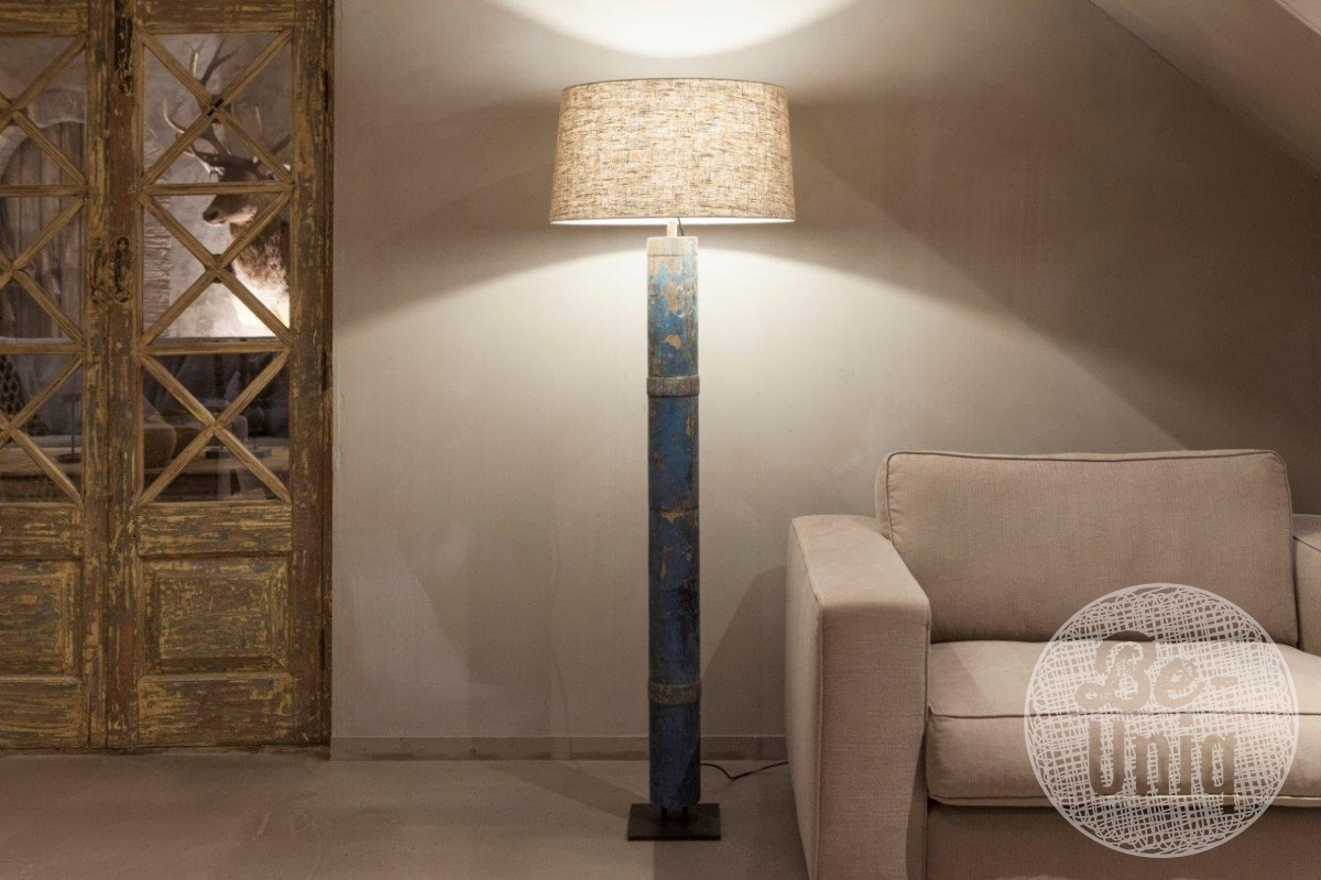 Vloerlamp oude bootmast | incl. kap linnen naturel