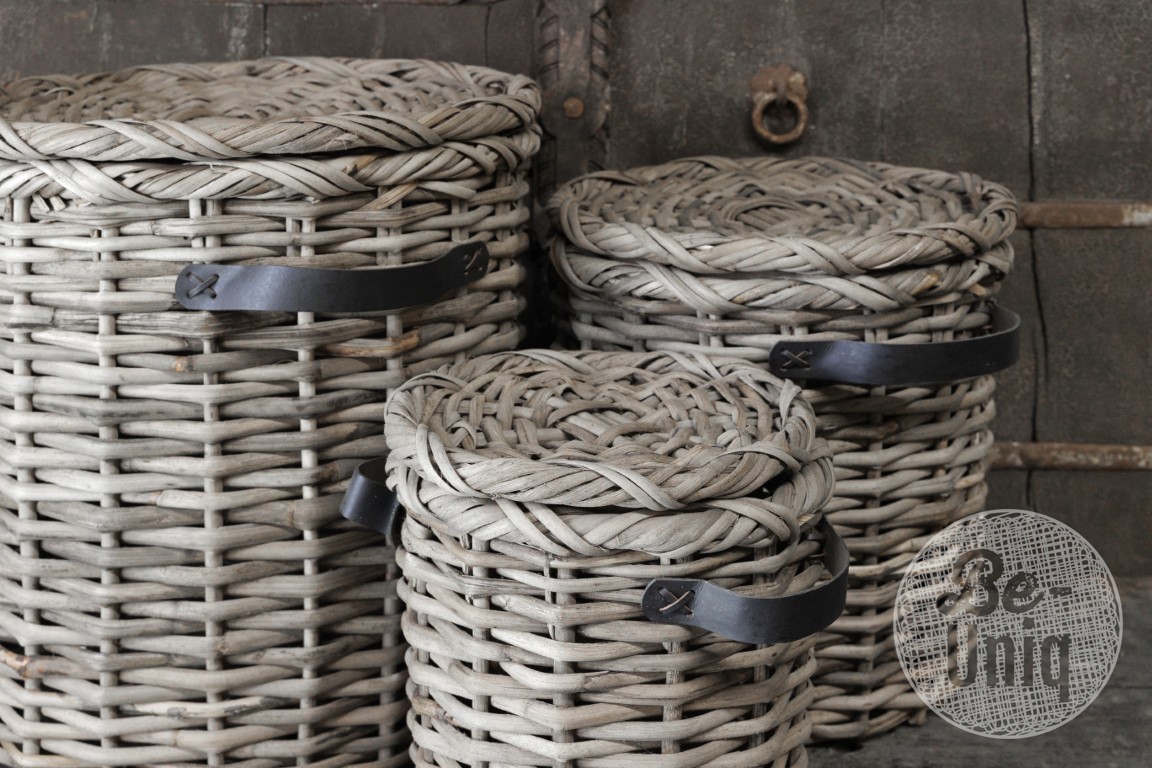 Set/3 manden met leder handvat Anour | grey rattan